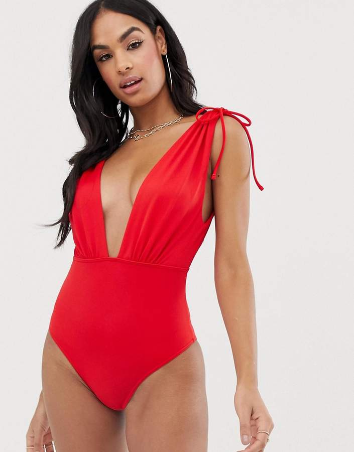 asos red ruched swimsuit