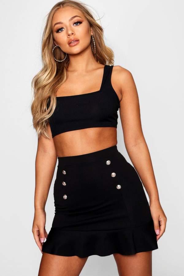boohoo frill hem button detail mini skirt