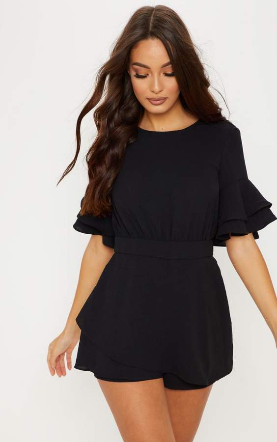 pretty little thing black fruit sleeve playsuit
