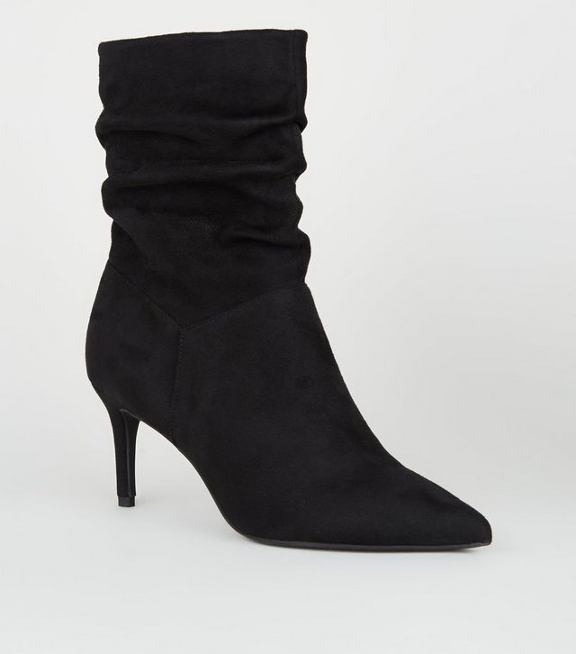 black suedette pointed slouch boots