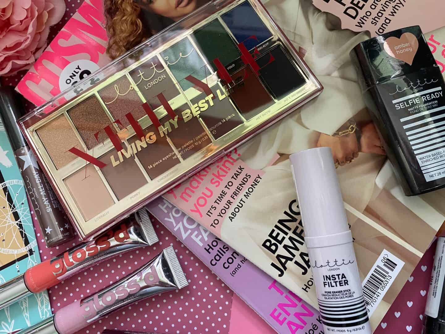 lottie london eyeshadow palette and lip glosses